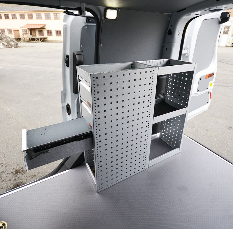 H-SD3S Fahrzeugregal für VW Caddy mit geöffneten Schublade