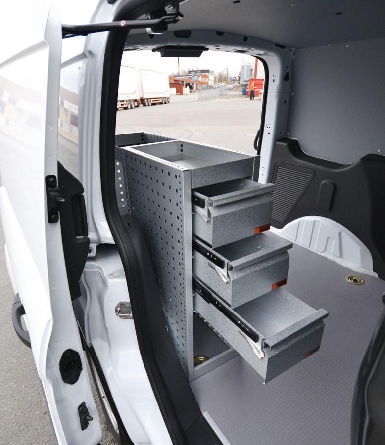 H-SD3M Fahrzeugregal für VW Caddy mit geöffneten Schubladen